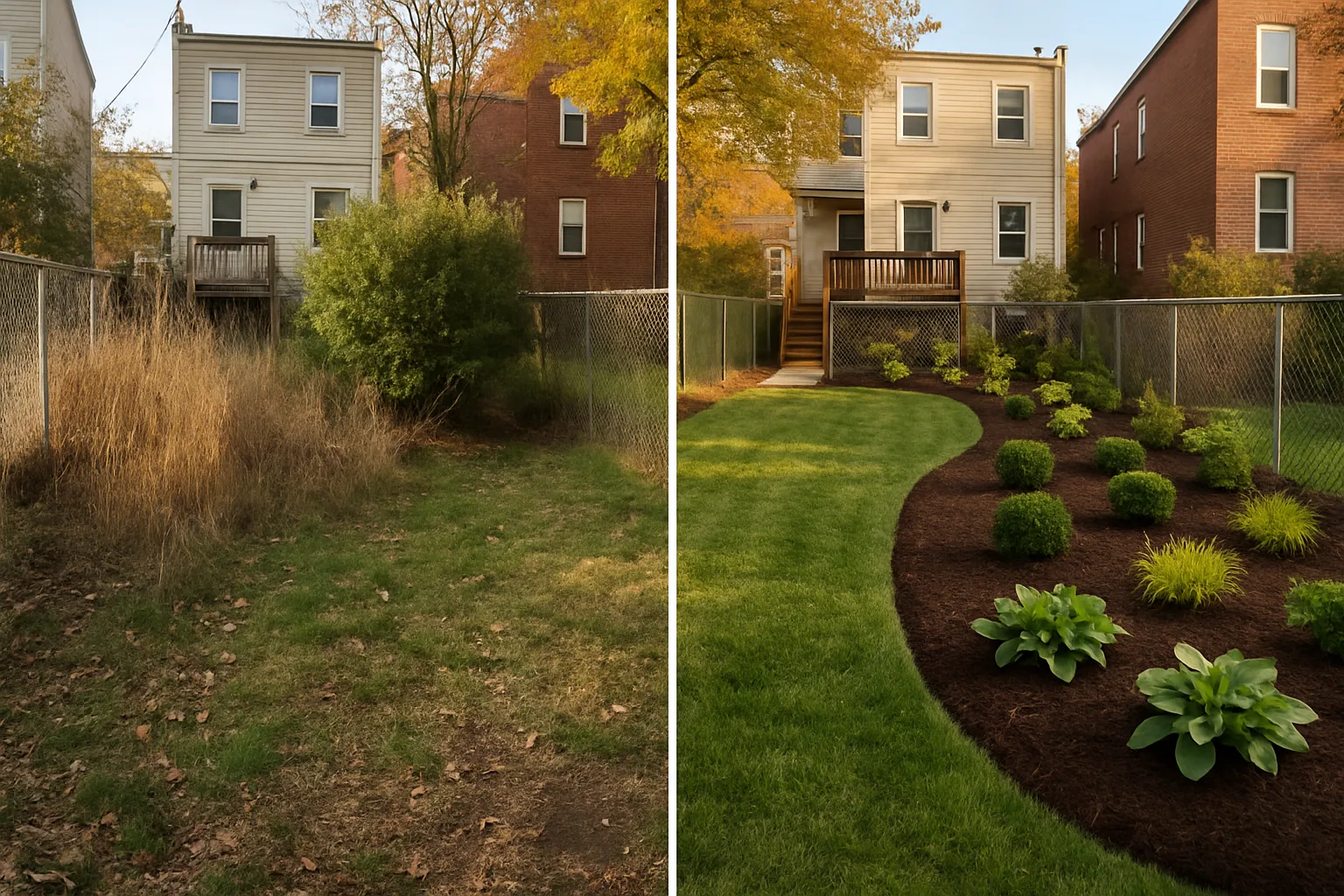 Landscape design transformation showing before and after